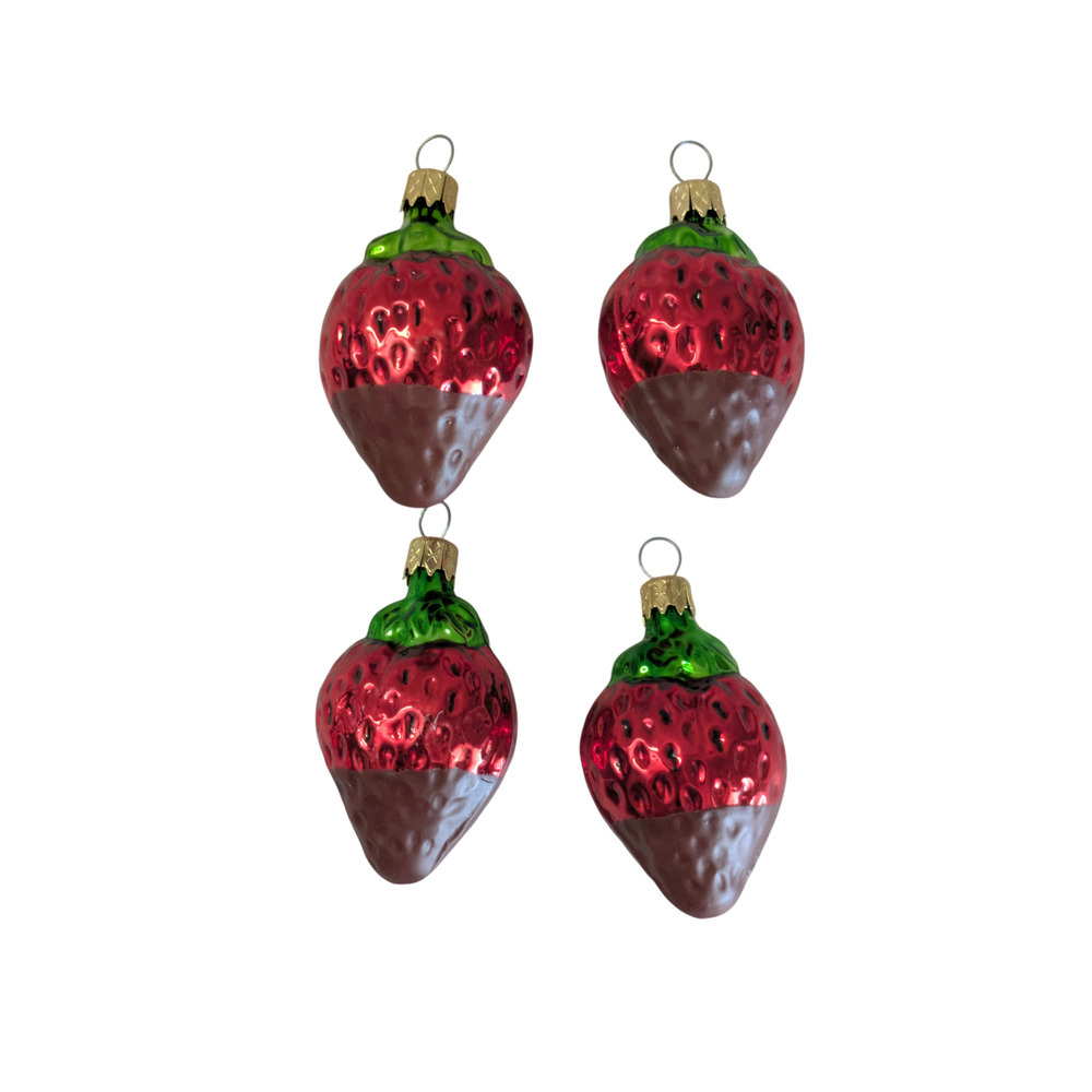 Vintage Columbia Glass Strawberry Chocolate Dipped Christmas Ornaments Set of 4
